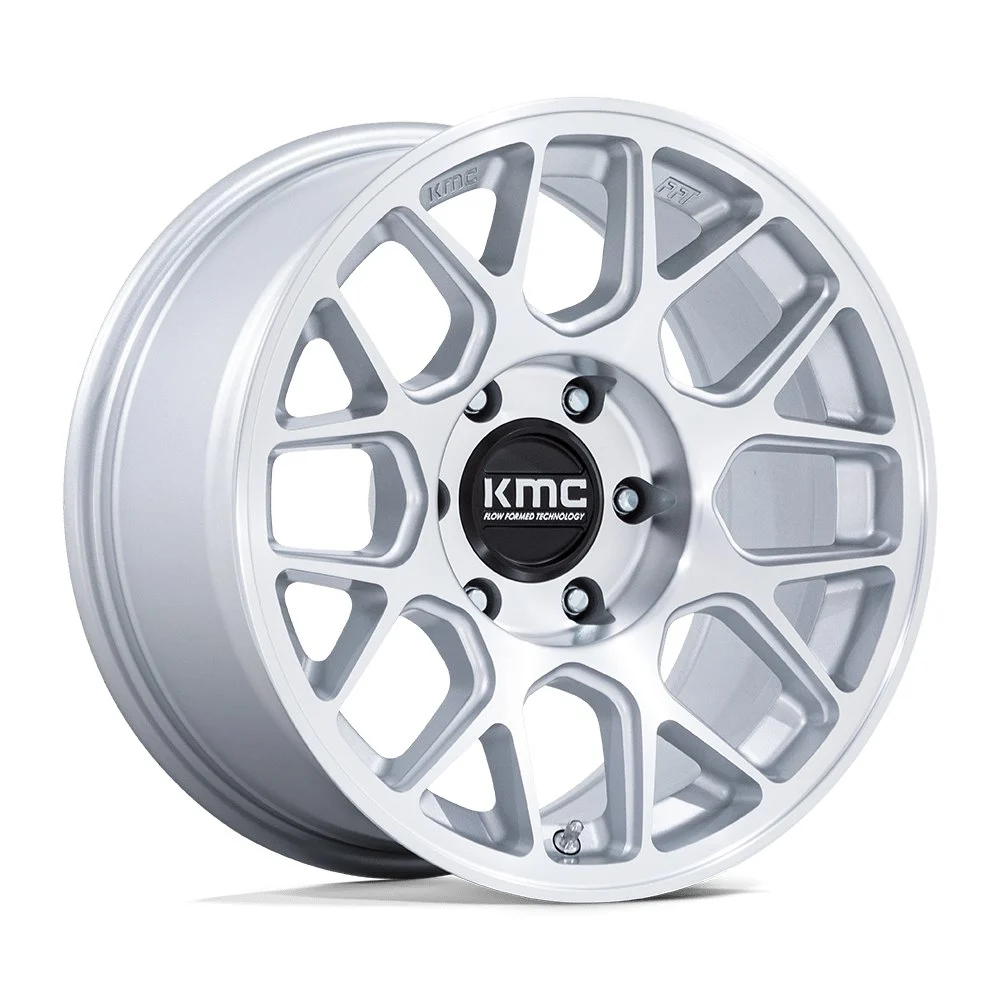 KMC KM730 Hatchet in Gloss Silver Machined - photo may show a different lug count; this part is 5x127